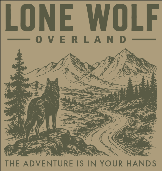 Lone Wolf Overland (Green Logo on Tan T-Shirt)
